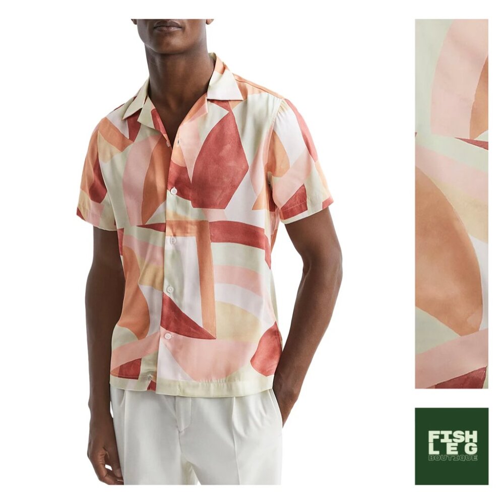 Reiss | Taiko Abstract Print Cuban SS Shirt - Pink & Orange & Red / Sz M